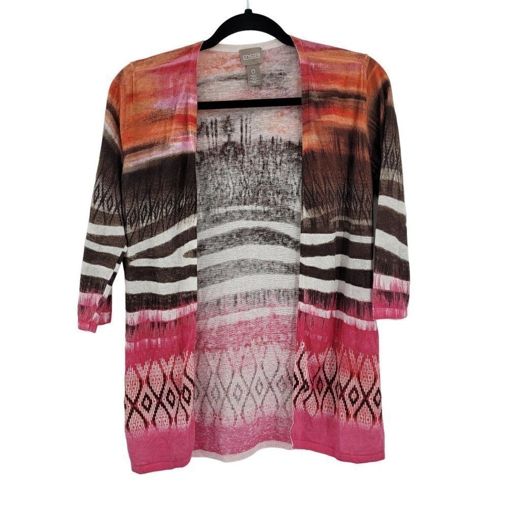 Chico's Tribal Chic Strom Cardigan Sz 0 Pink Linen Open Lightweight Statement